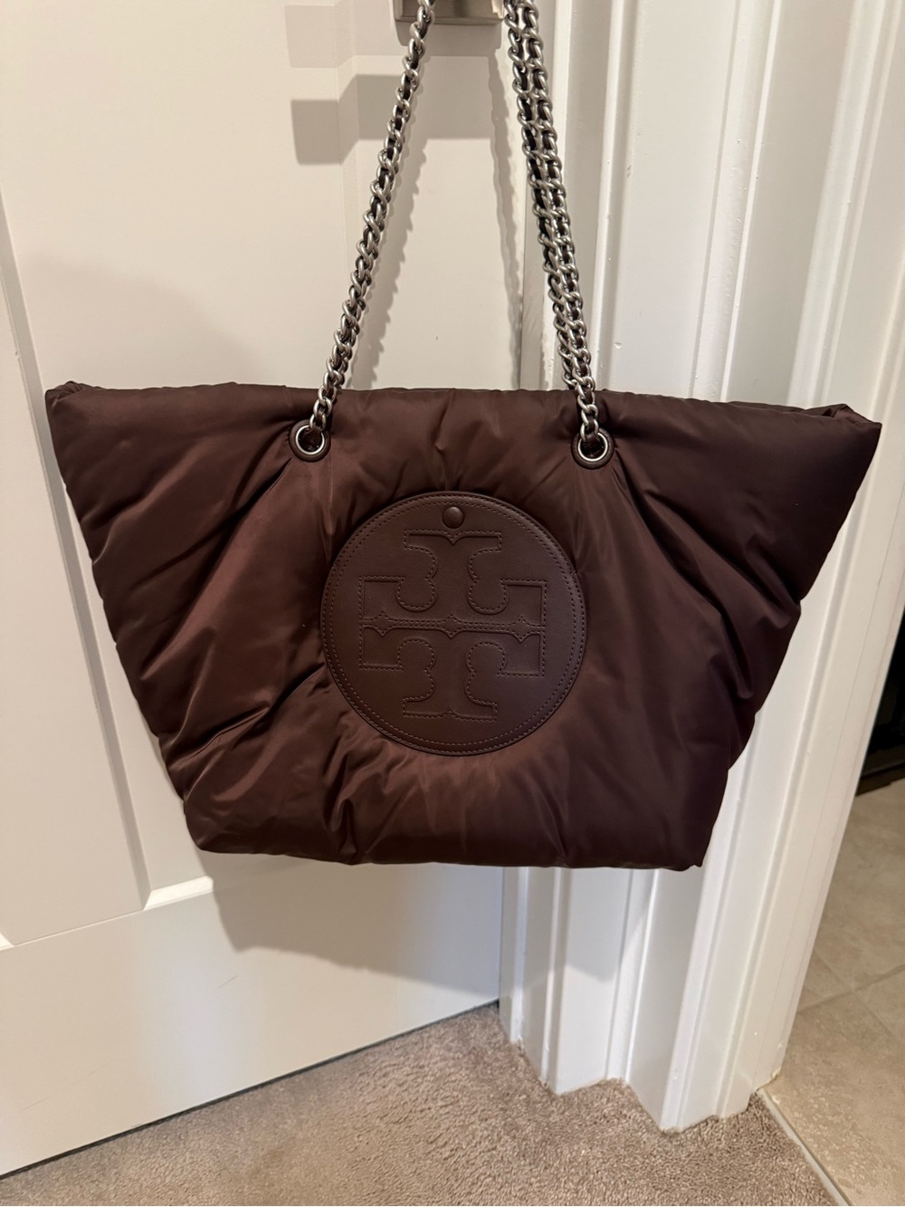 Tory Burch Dark Brown Quilted Logo Chain-Handle Shoulder Tote